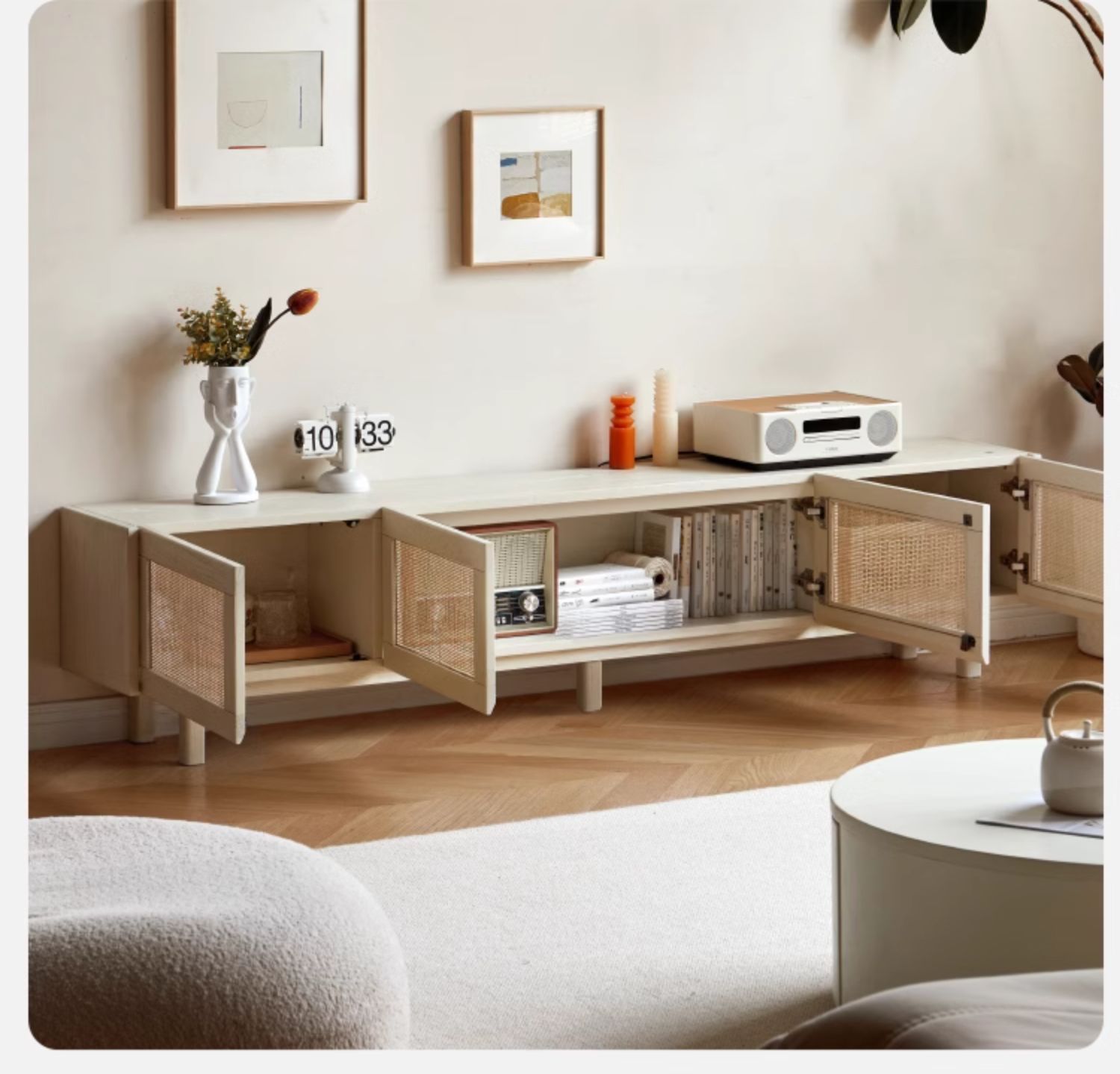 Oak Solid Wood Rattan Suspended TV Cabinet.