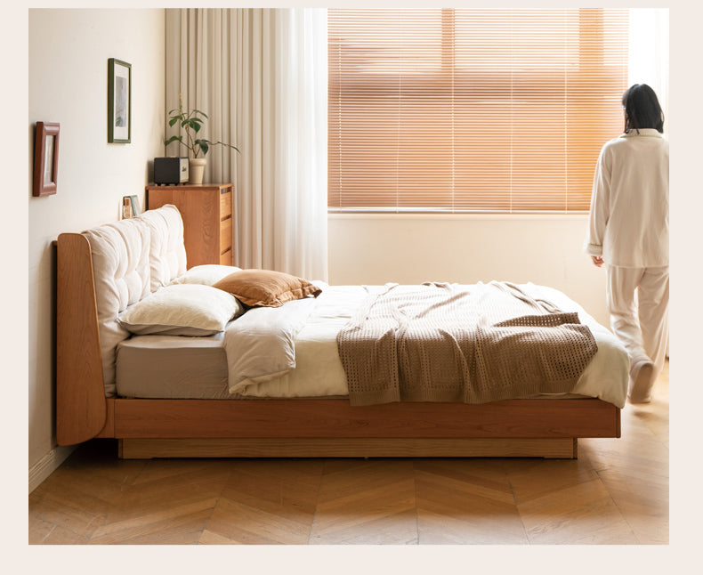 Cherry Solid Wood Box Bed Top Genuine Leather, Corduroy Suspended Bed
