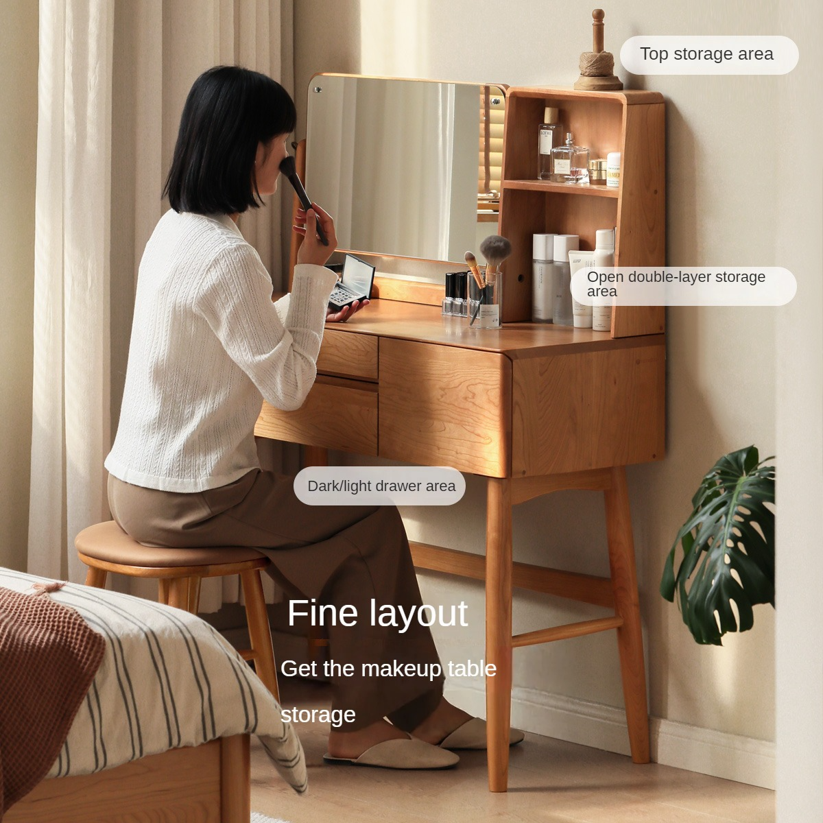 Cherry Solid Wood Vanity Table Nordic Makeup Mirror.