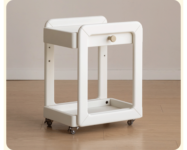 Solid Rubberwood White Cream Style Under-Desk Movable Storage Rack.