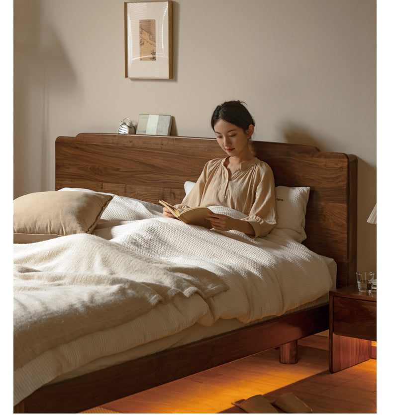 Black Walnut, Ash Solid Wood Big Bed with Light