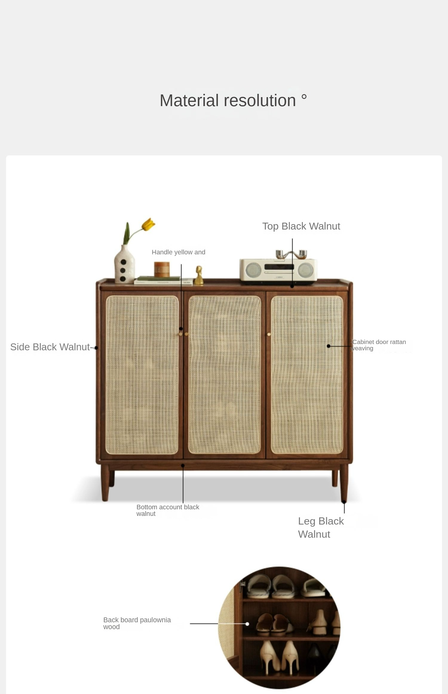 Black Walnut, Oak, South American Walnut Solid Wood Rattan Shoe Cabinet