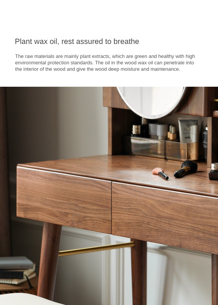 Black Walnut, Sandalwood Solid Wood Moon Makeup Mirror Vanity Table.