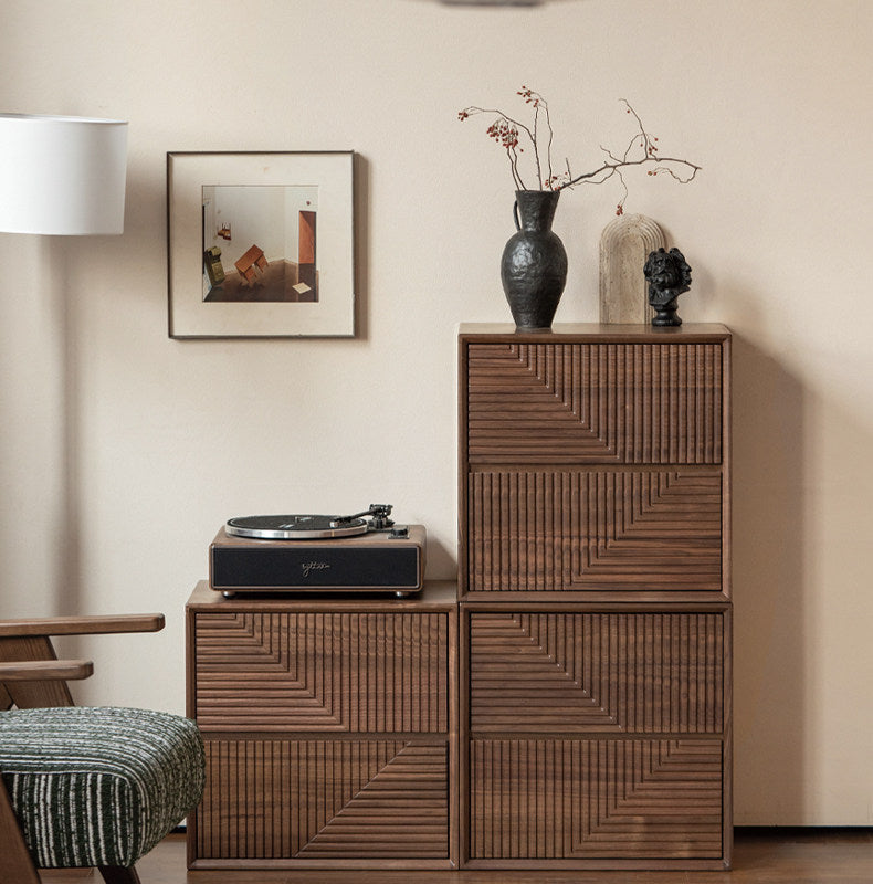 Black Walnut, Sandalwood Solid Wood Modular Storage Cabinet, Mid Century Dresser with Geometric Front Design