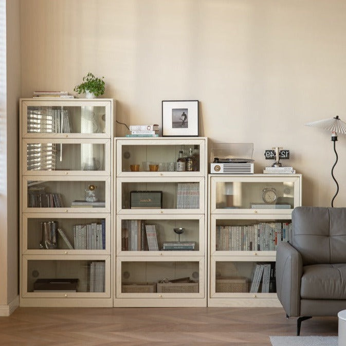 Oak Solid Wood Bookcase Cream Flip Door Glass Display Cabinet