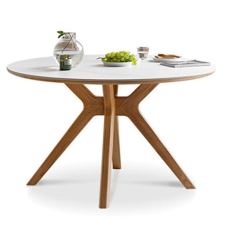 Oak Solid Wood Round Nordic Dining Table With Rock Slab Surface