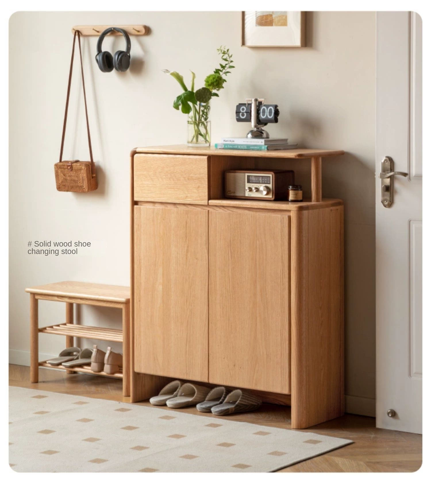 Oak Solid Wood, Solid Rubberwood Partition Entry Porch Shoe Cabinet