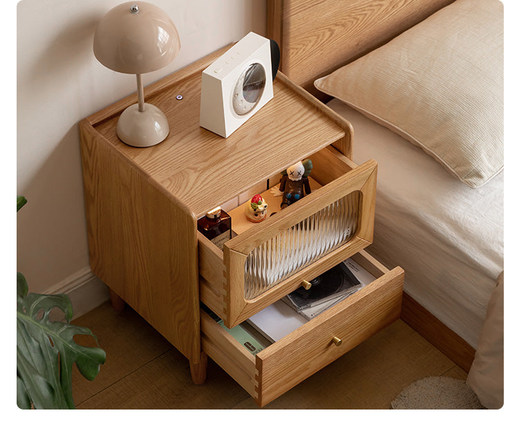 Oak, Beech Solid Wood Nightstand With Light