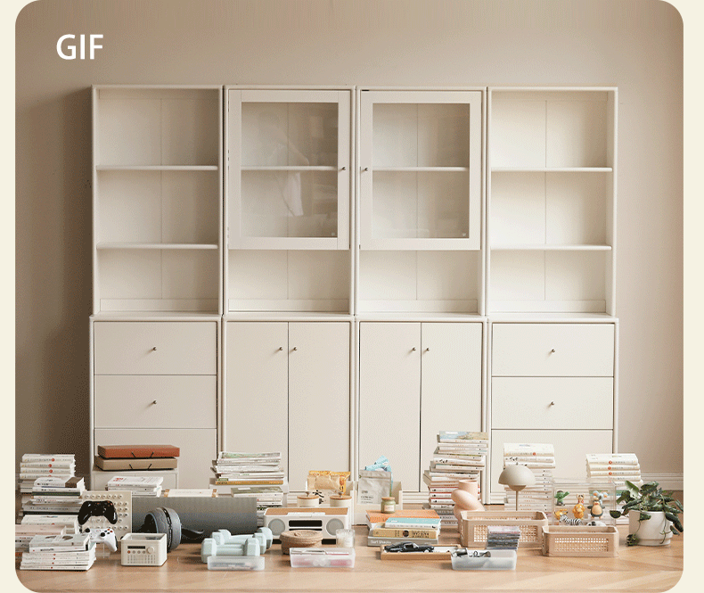 Poplar Solid Wooden Bookcase Cream White Free Combination Glass Door Display Cabinet