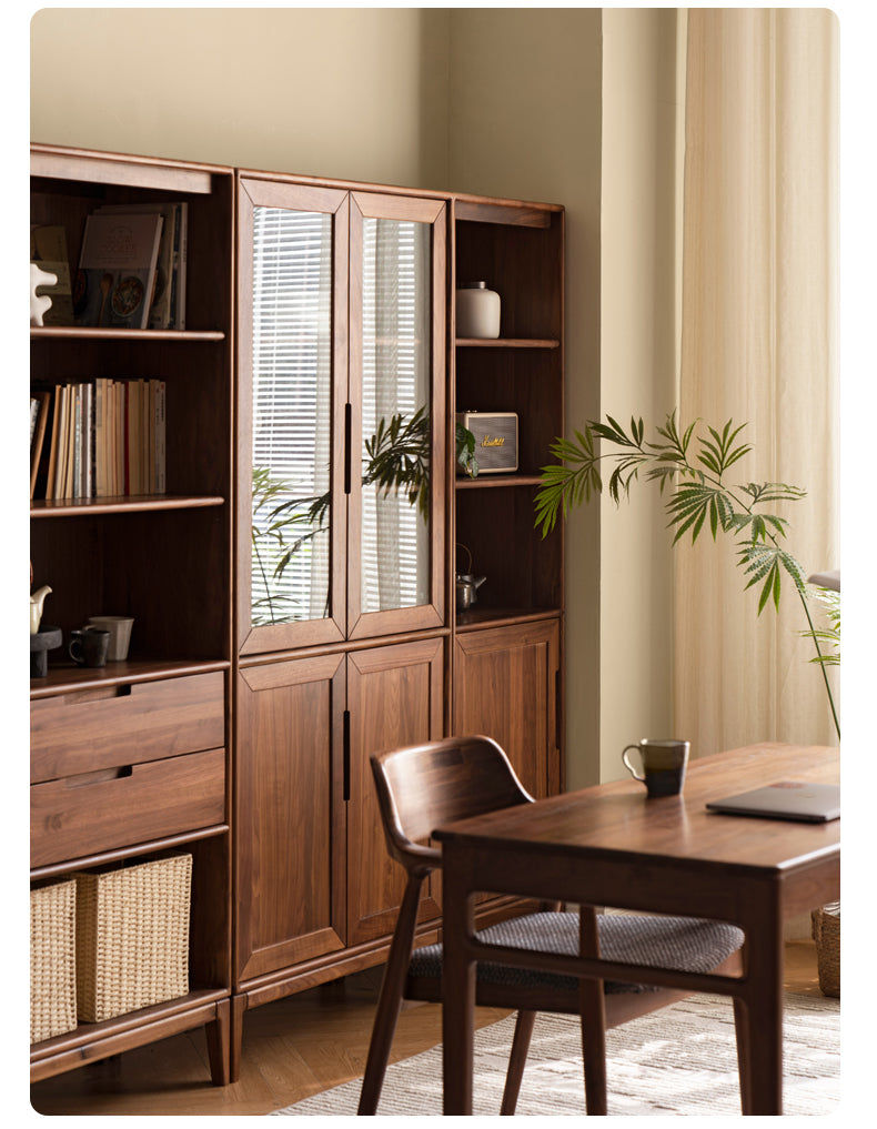 Black Walnut, Ash Solid Wood Combination Dust-Proof Glass Door Bookshelf