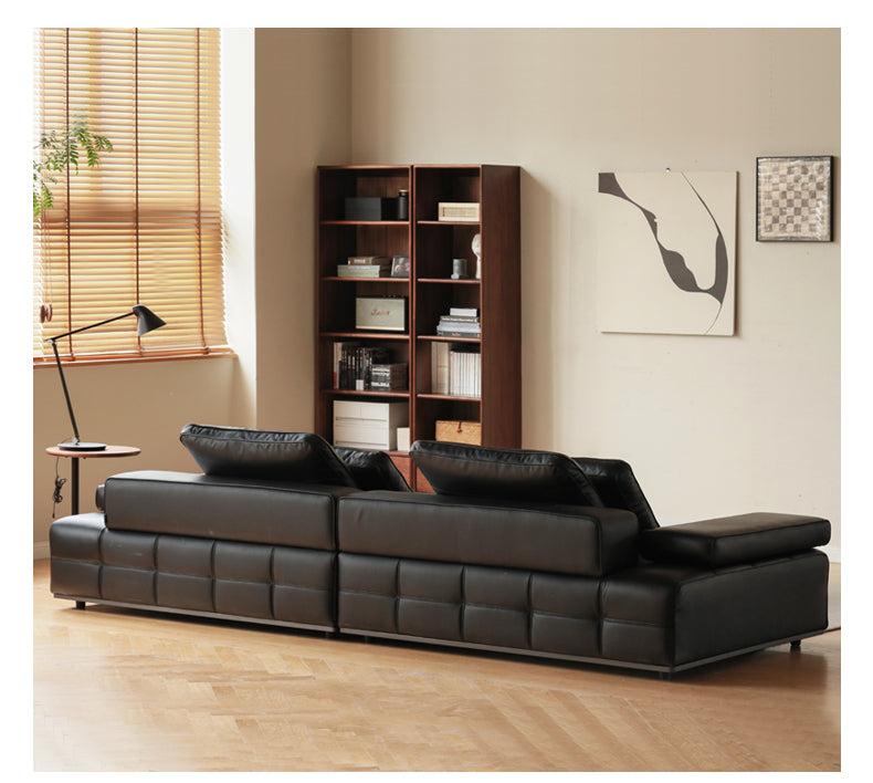 Leather Sofa Italian Black Straight Head Layer Yellow Cowhide.
