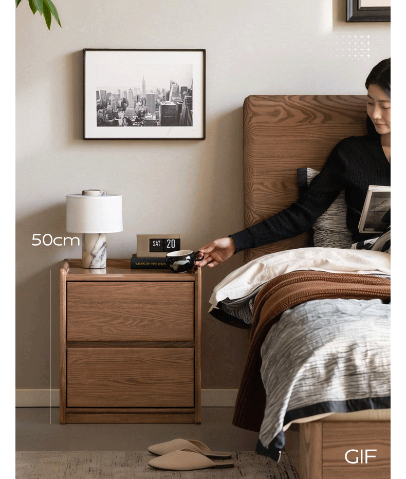 Ash Solid Wood Nightstand with Single Drawer and Open Shelf