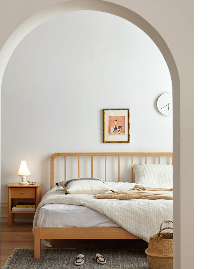 European Beech Solid Wood Bed Modern Simple