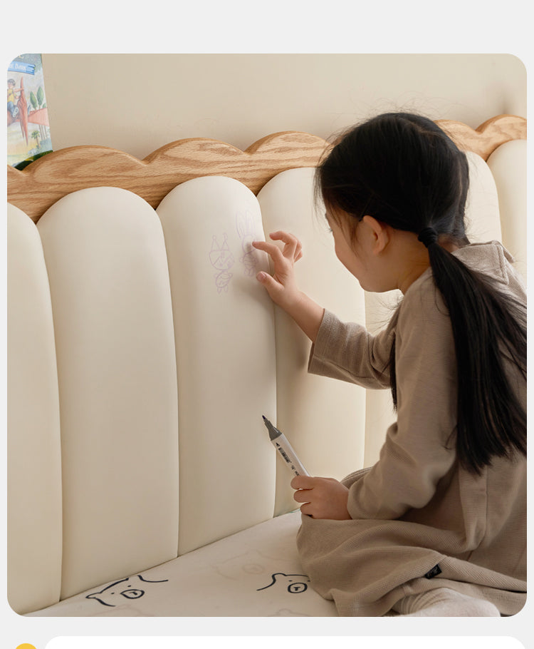 Oak solid wood Milky white kids upholstered bed with soft headboard<