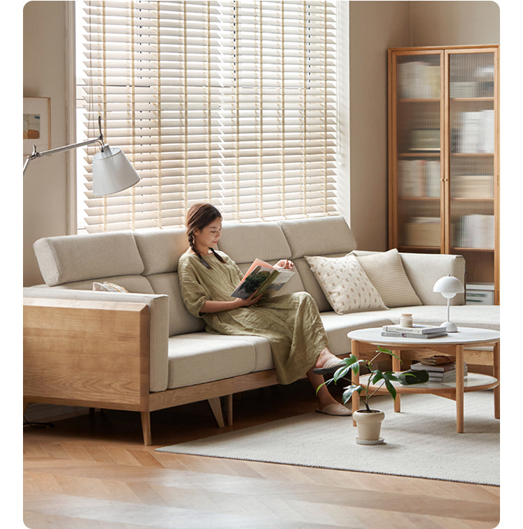 Ash Solid Wood L-Shaped Fabric Sofa with Adjustable Headrests