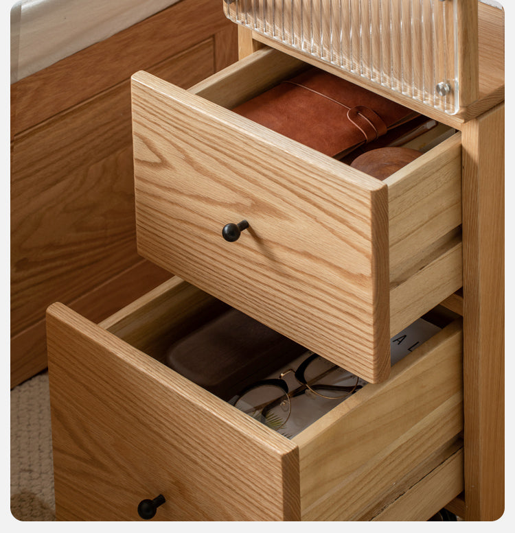 Oak Solid Wood wheel nightstand Narrow with Light)