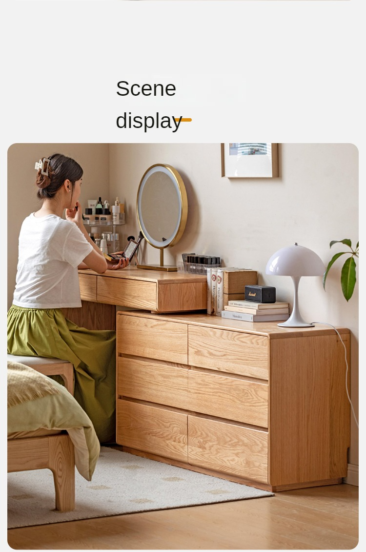 Oak, Ash Solid Wood Retractable Vanity Table Storage Cabinet.
