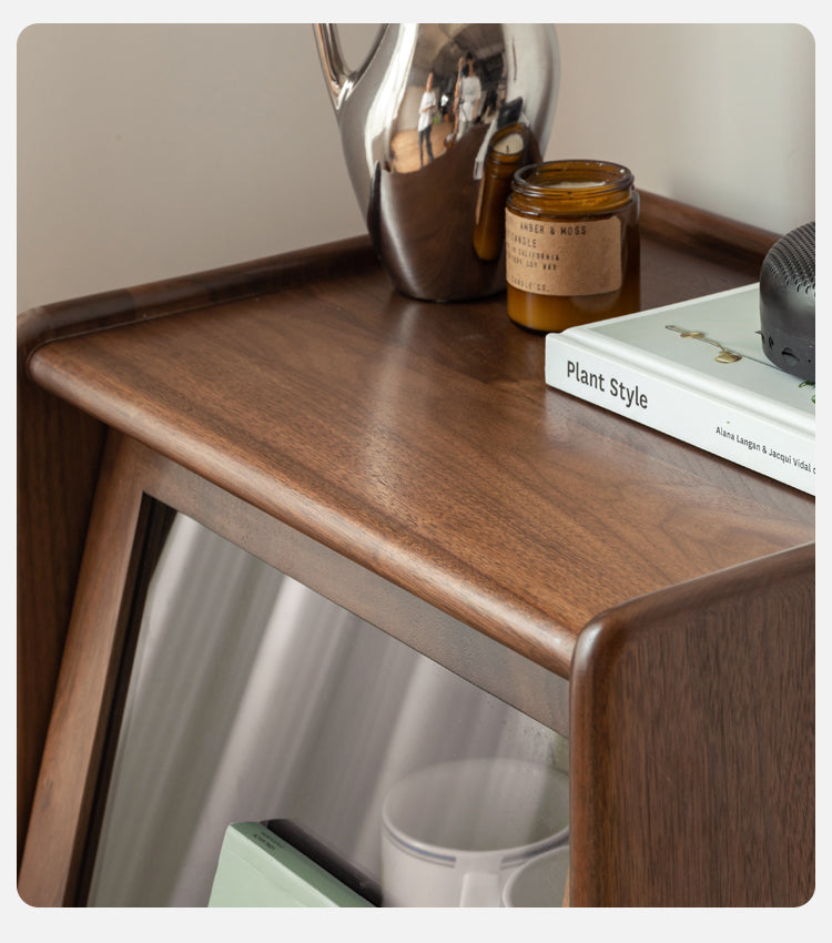 Black Walnut, Oak Solid Wood Glass Flip Door Display Side Cabinet LED Lights