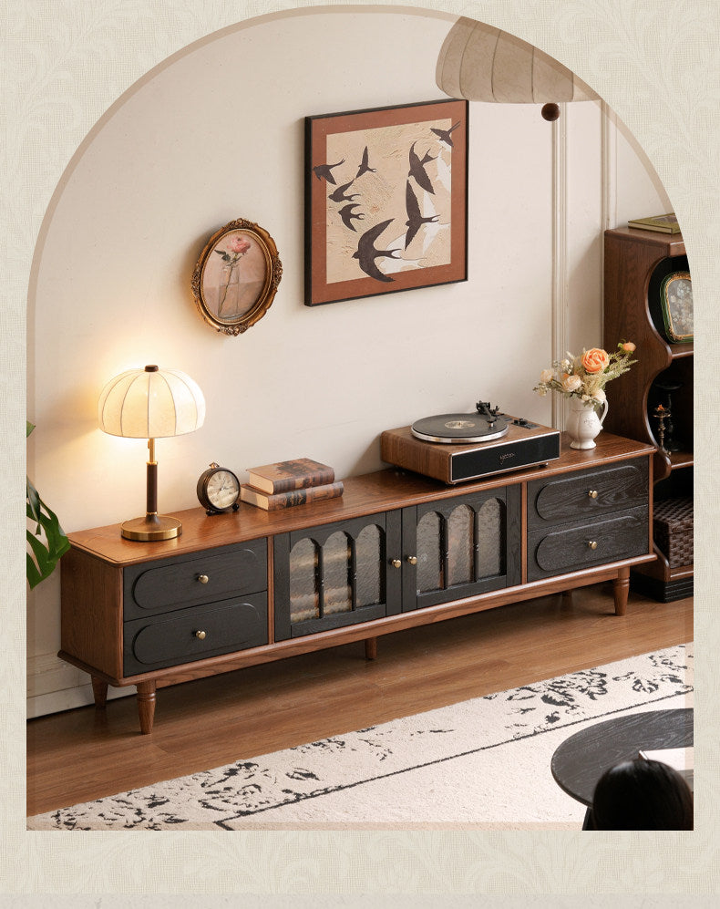 Black Walnut, Ash Solid Wood TV Cabinet with Integrated Storage, Vintage Style Floor Cabinet