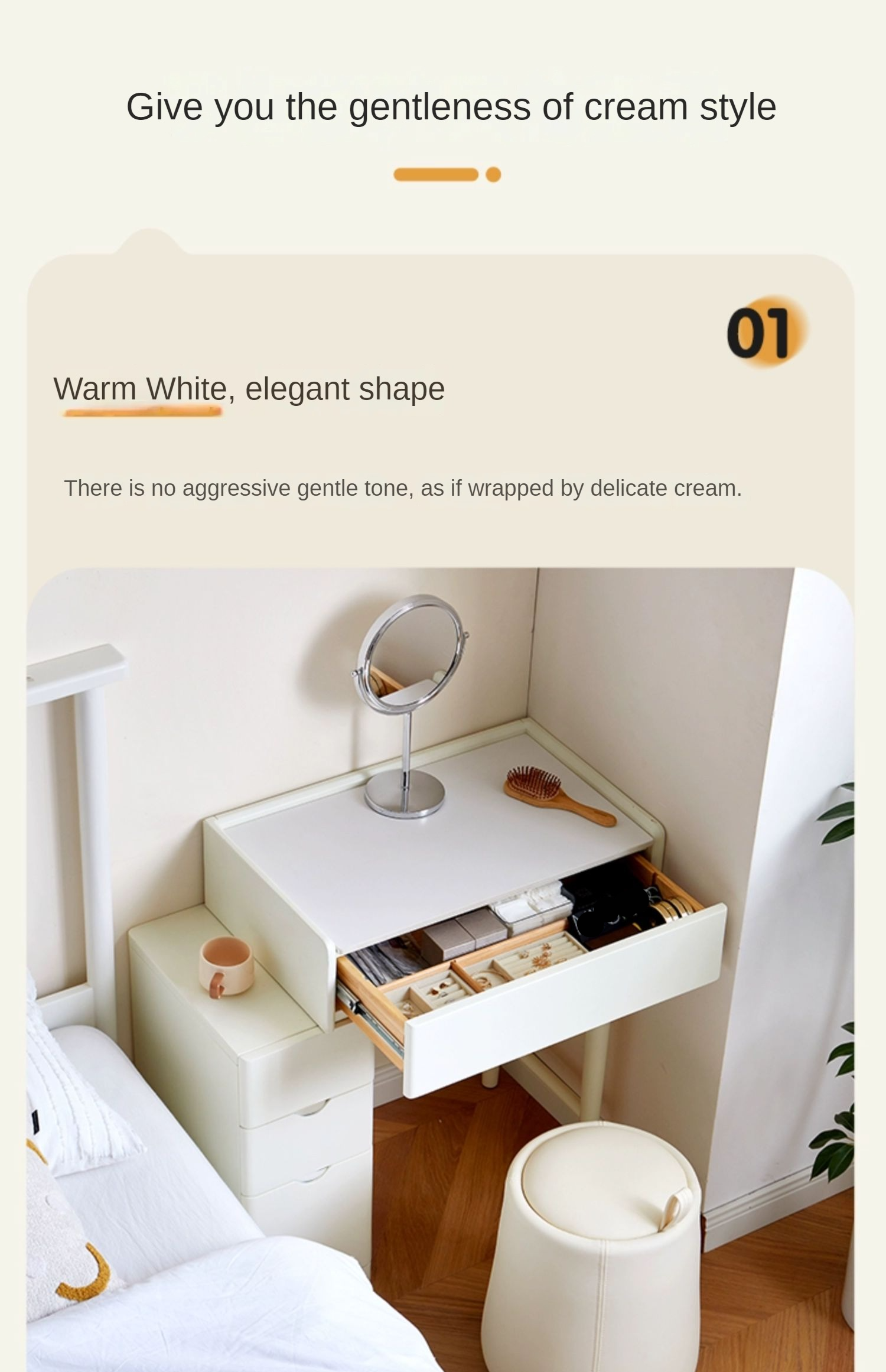 Pine Solid Wood Makeup Table Cream Style.