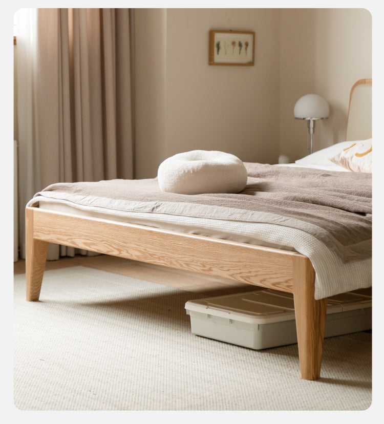 Oak Solid Wood Bed Modern Genuine Leather,Technology Cloth, Fabric