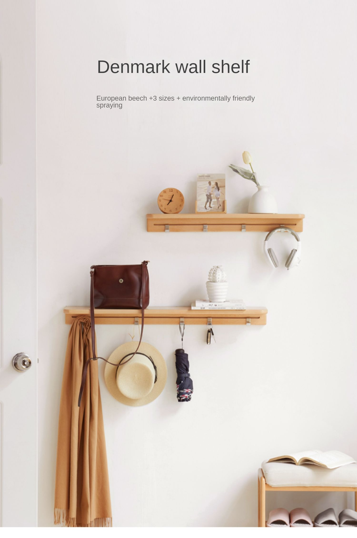 Beech Solid Wood Wall Shelf With Hooks