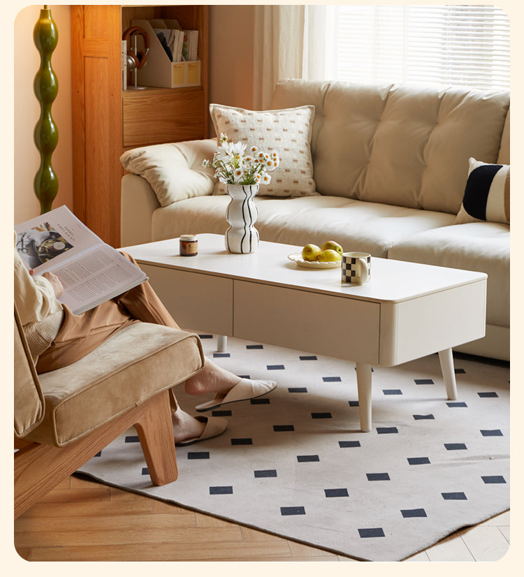 Rubber Solid Wood White Cream Style Rock Plate Coffee Table