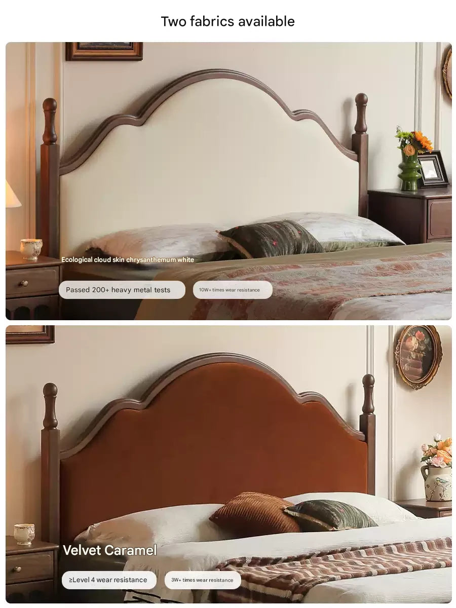 Black Walnut, Poplar Solid Wood Double Bed with Soft Backrest, Retro American Style