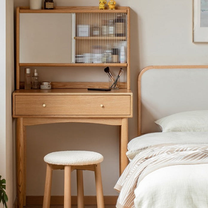 Solid Rubberwood, Oak Solid Wood Dressing Table Hidden Makeup Mirror.
