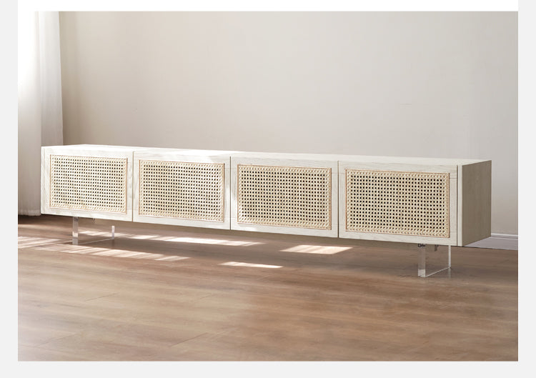 Ash Solid Wood Rattan TV Cabinet Cream Style LED Lights.