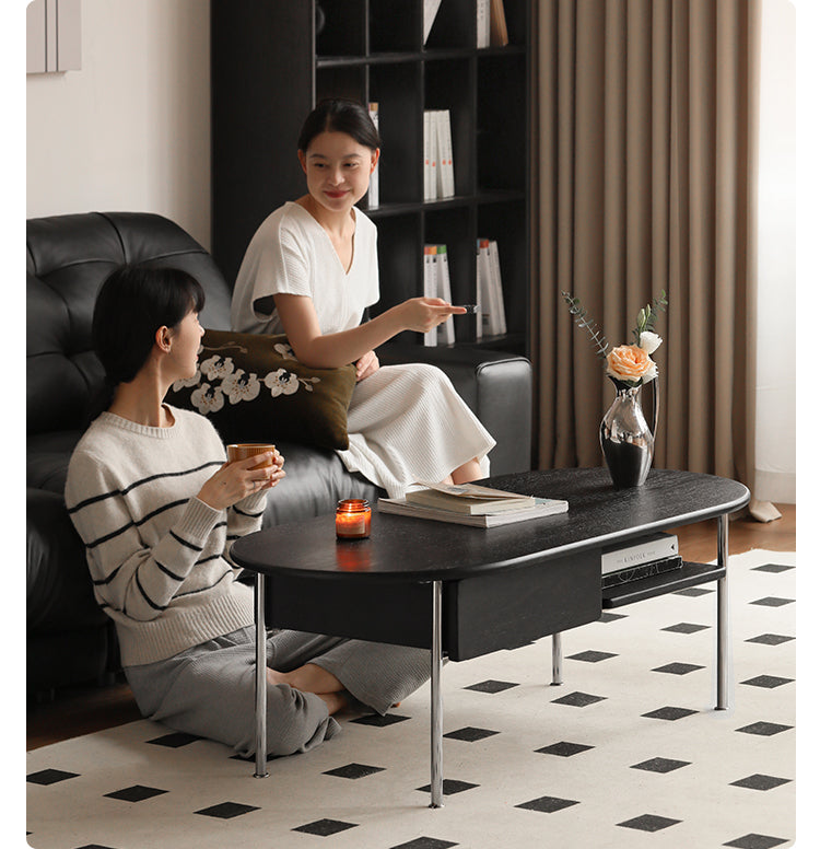 Oak Solid Wood Black Oval Coffee Table