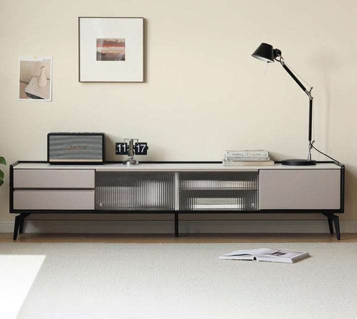 Oak Solid Wood Light Luxury Rock Slab Double Drawer TV Cabinet
