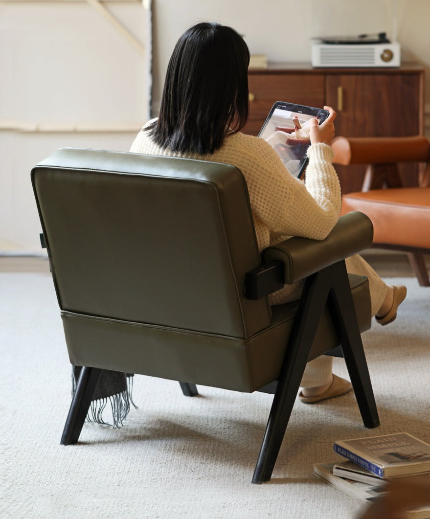 Oak Solid Wood Leather Retro Armchair