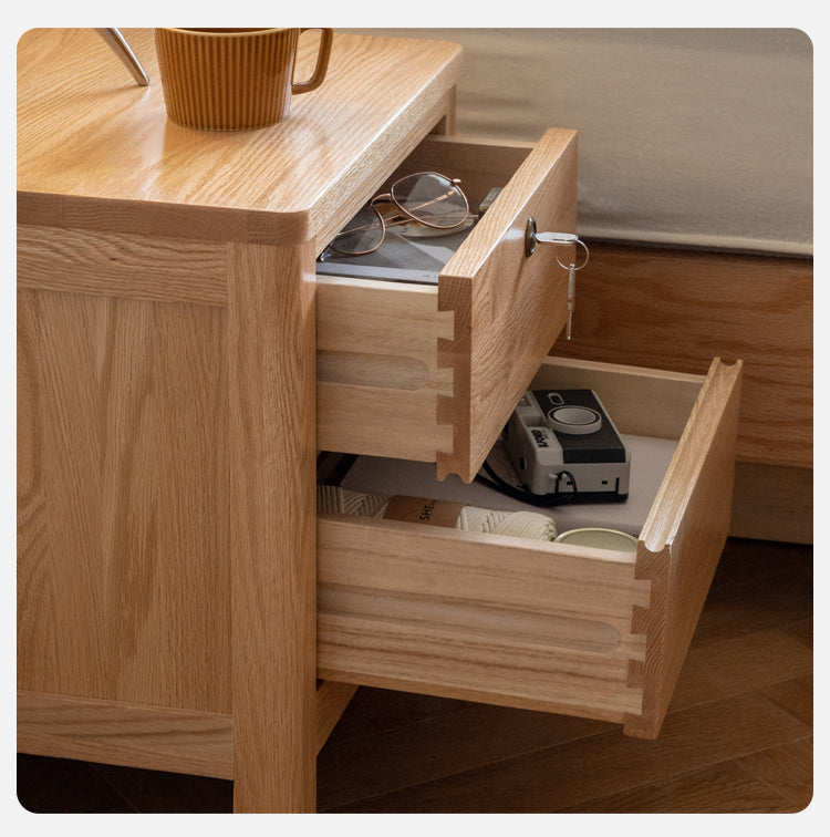 Oak Solid Wood, Solid Rubberwood Nightstand with Locker.