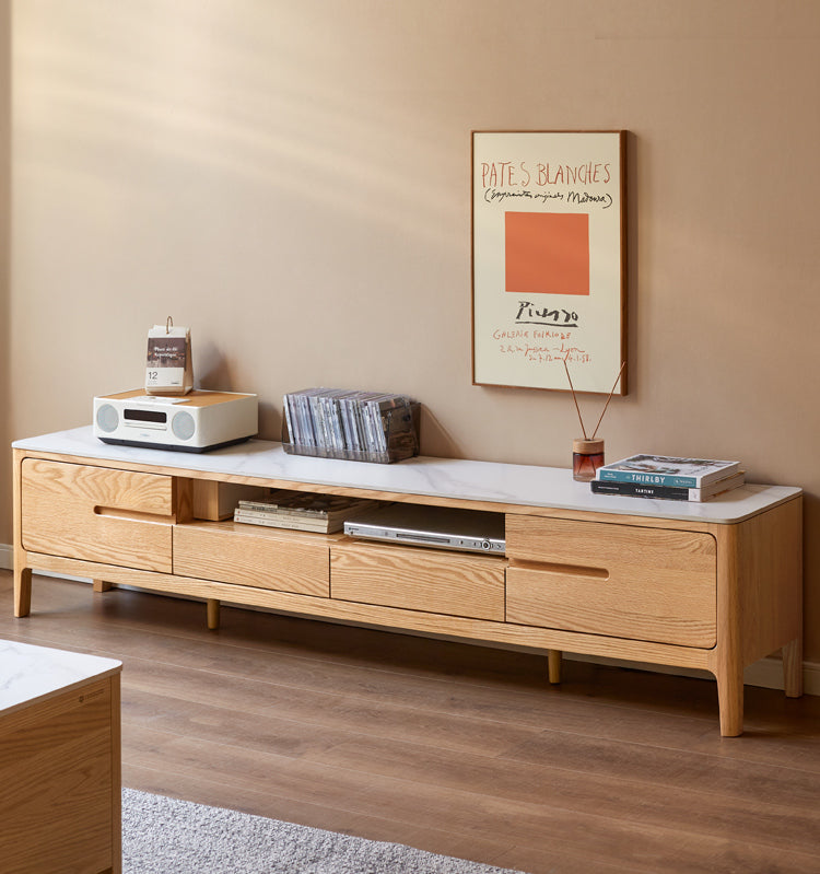Solid Rubberwood, Oak Solid Wood TV Stand Slate Top.