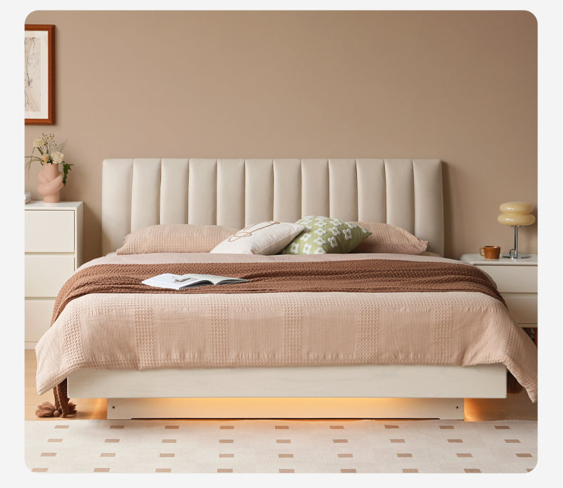 Oak, Rubber Wood Solid Wood Cream Technical Fabric Suspended Box Storage Bed