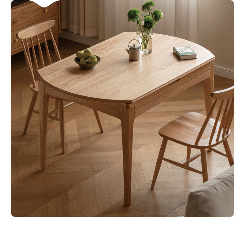Solid Rubberwood, Oak Solid Wood Folding Round Retractable Dining Table