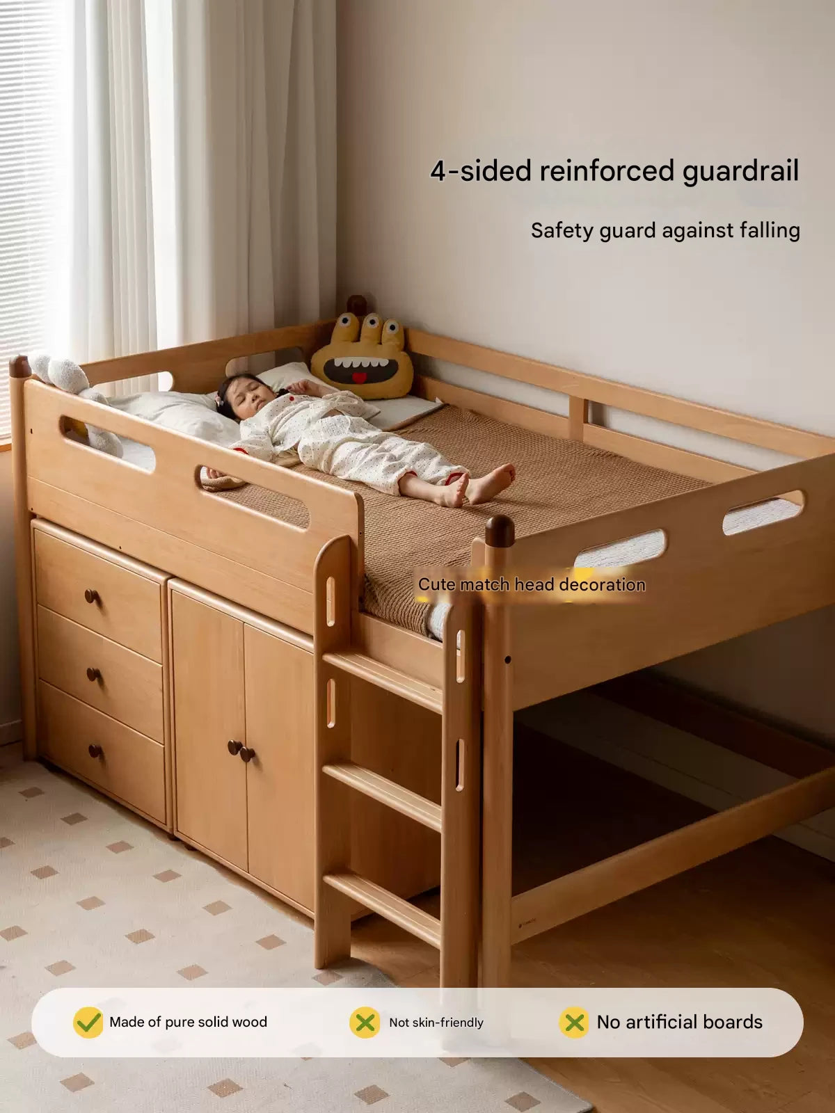 Beech Nordic Children's Solid Wood Loft Bed, Modern Minimalist Multifunctional Combination Bed with Table