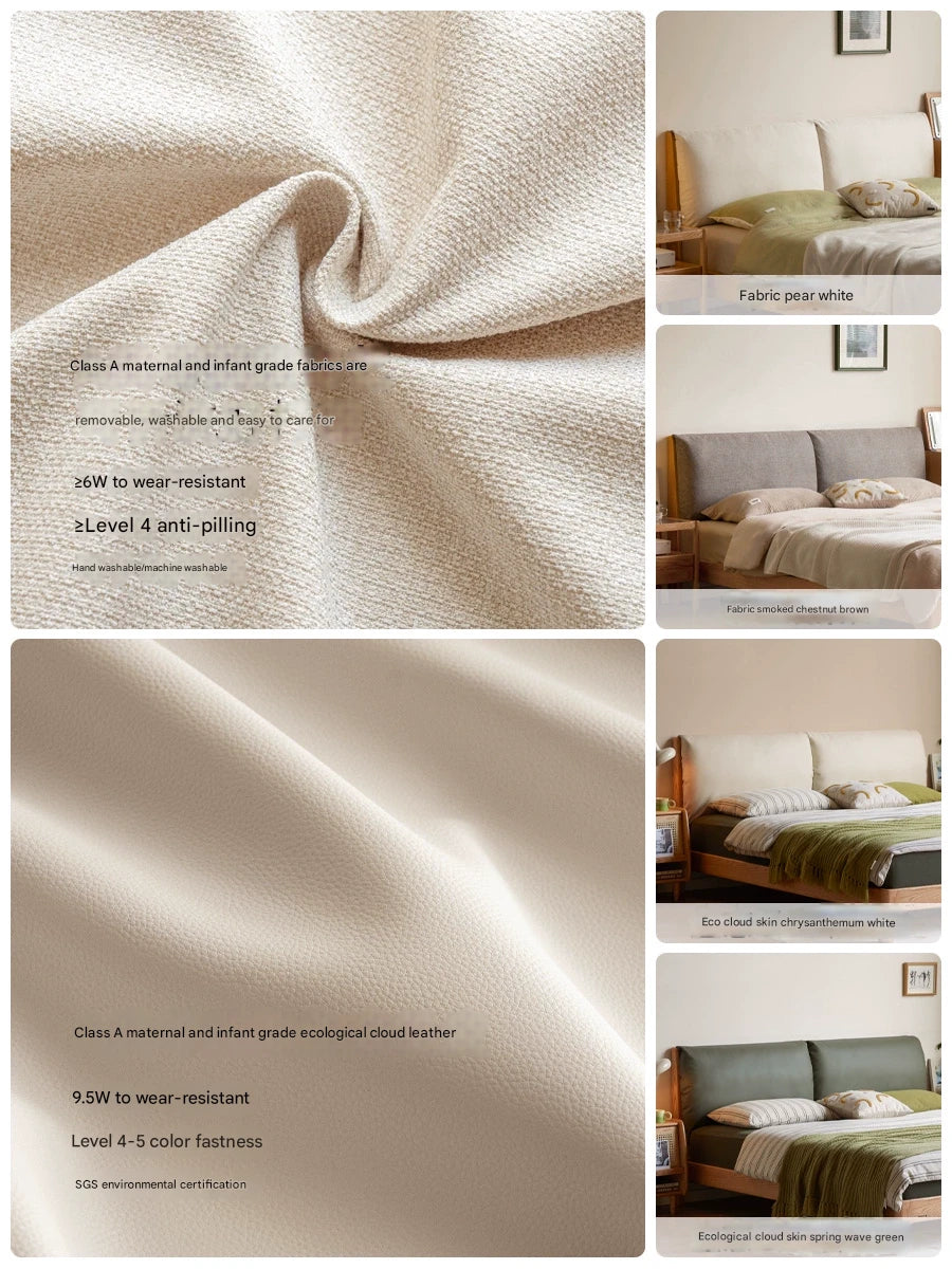 Beech, Oak, Black Walnut Solid Wood Bed — Fabric, Genuine Leather Upholstered, Simple Design