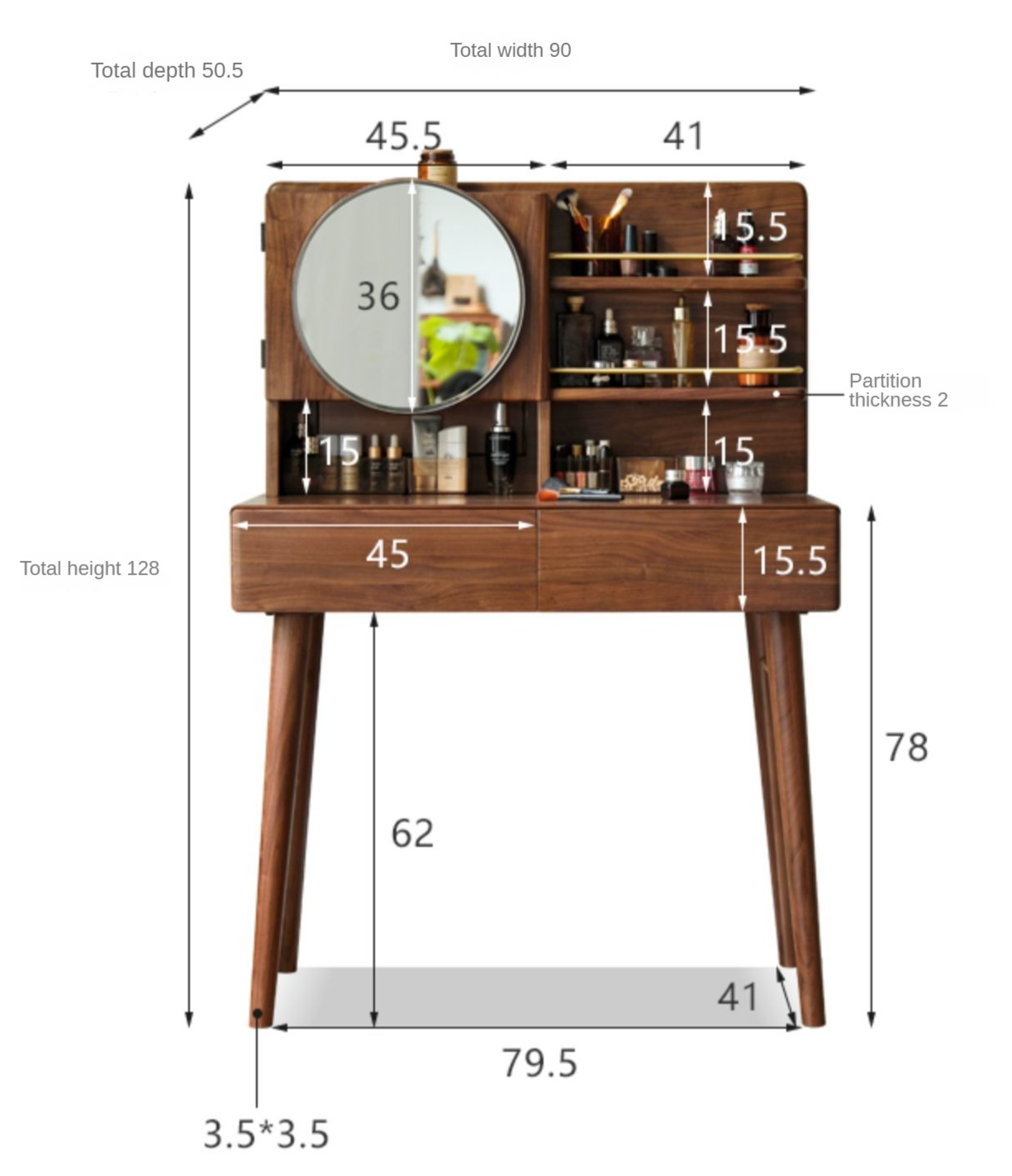 Black Walnut, Sandalwood Solid Wood Moon Makeup Mirror Vanity Table.