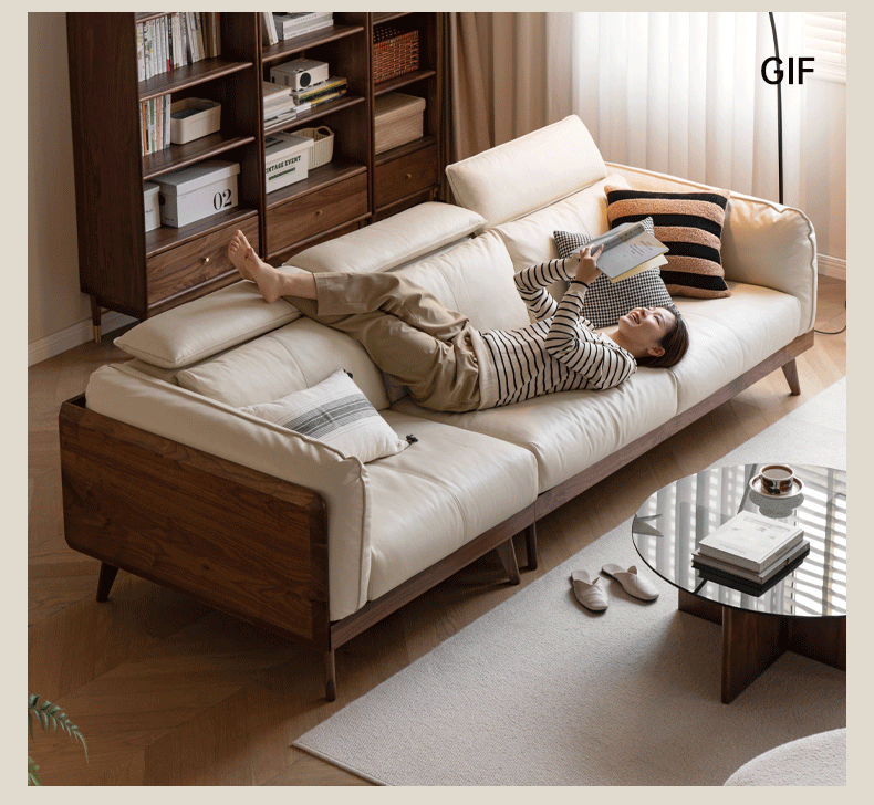 Black Walnut, Ash Solid Wood Genuine Leather Down Sofa.