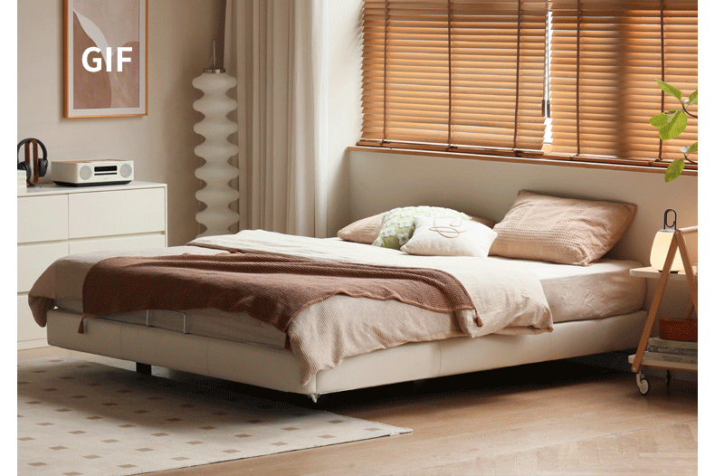 Leather platform bed, headboard-free floating bed cream style