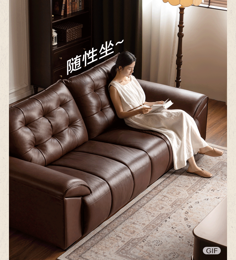 Genuine Leather American Retro High-Back Sofa with Checkerboard Black Bear Pattern