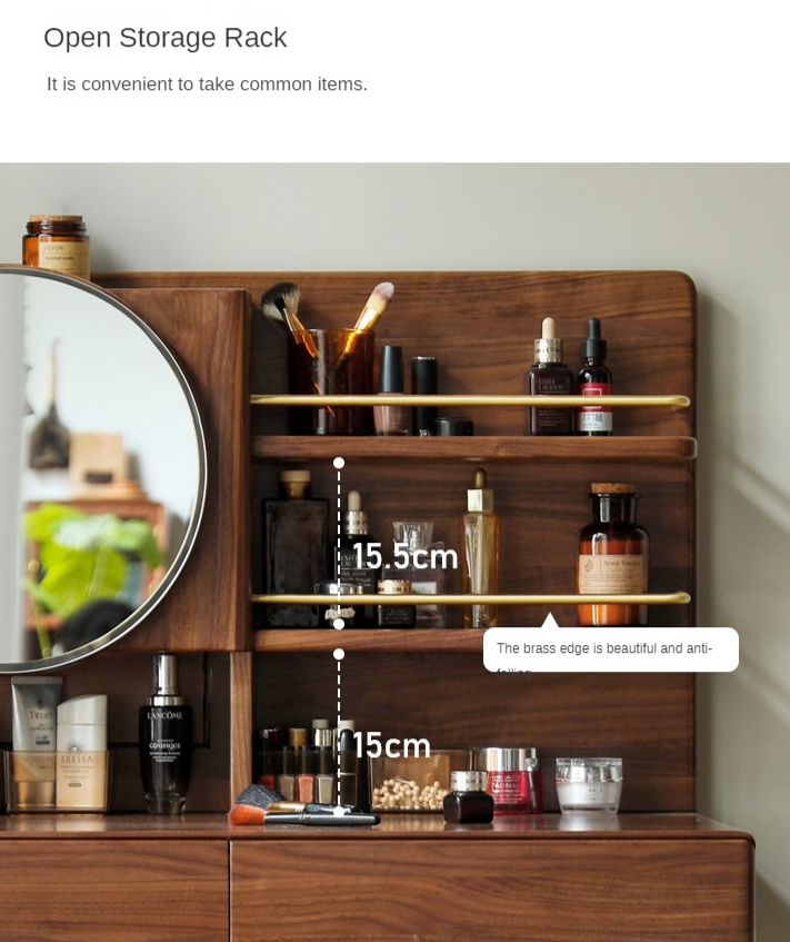 Black Walnut, Sandalwood Solid Wood Moon Makeup Mirror Vanity Table.