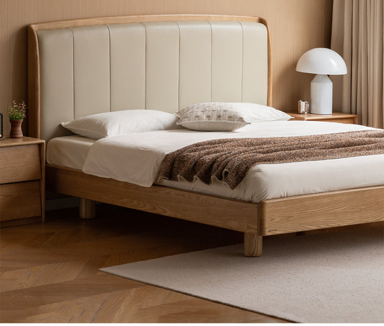 Ash Solid Wood Genuine Leather High Soft Back Bed