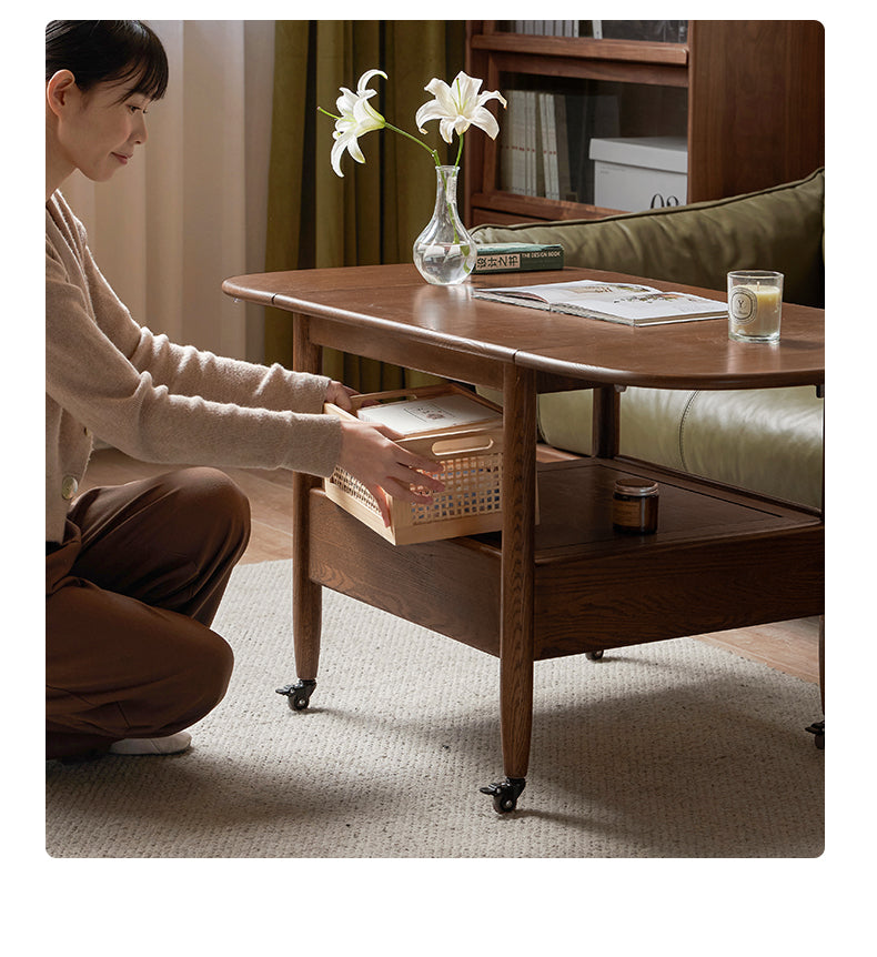 Oak Solid Wood Folding Movable Coffee Table