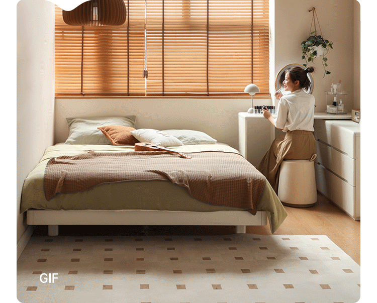 Rubberwood Solid Wood White Cream Platform Bed, Headboard-Free Bed