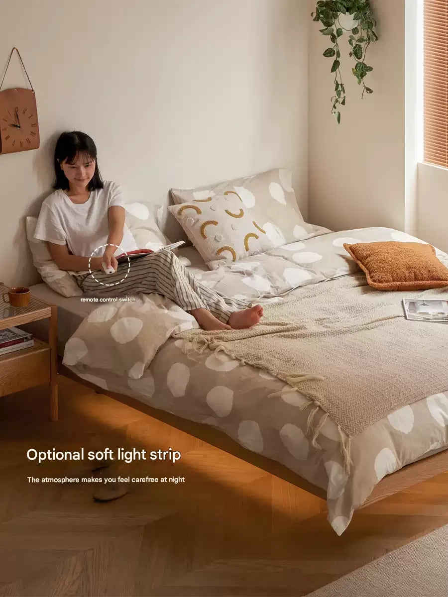 Oak Solid Wood platform bed, headboard-free bed Night Light Suspended Bed