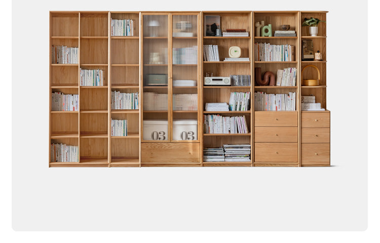 Oak Solid Wood Nordic Style Bookshelf with Floor Storage Cabinet