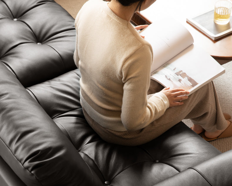Leather Light Luxury Black Straight Sofa,
